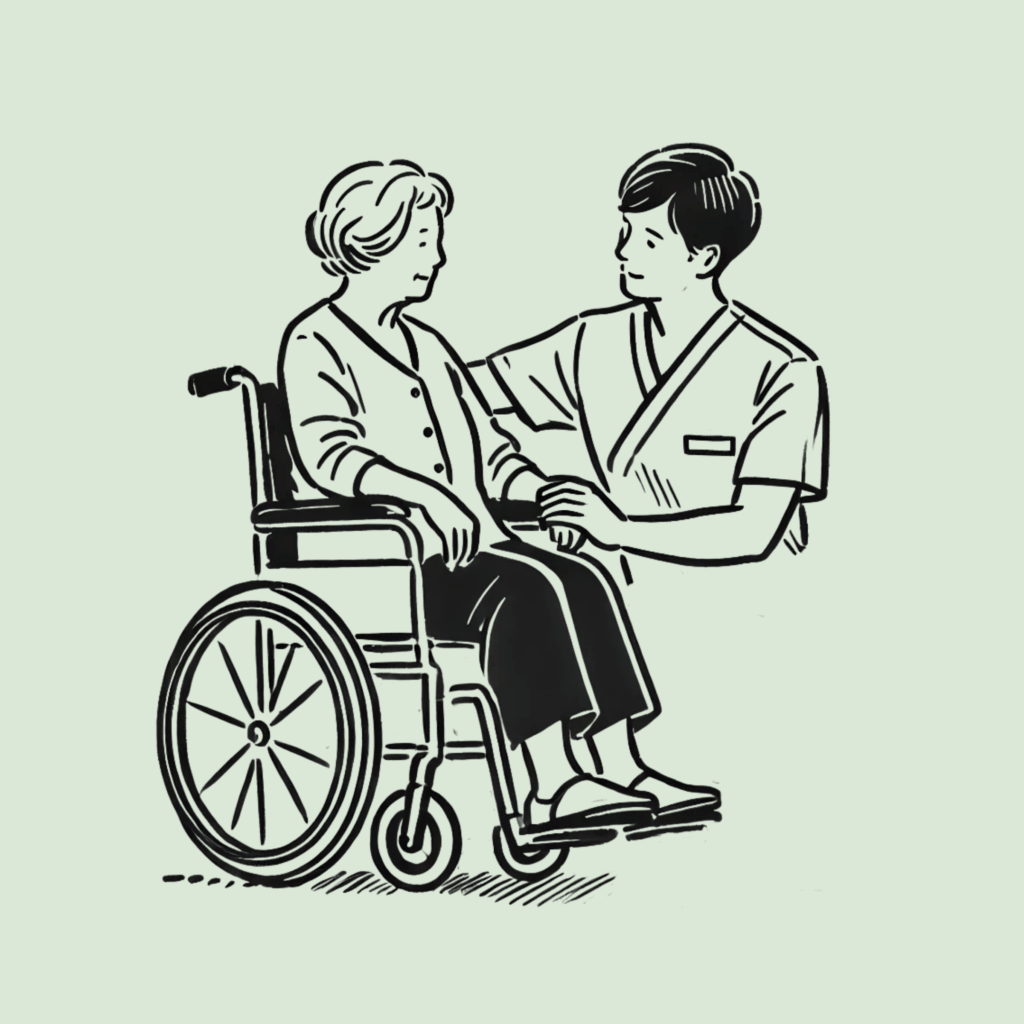 Äldre kvinna i rullstol ler mot vårdpersonal.