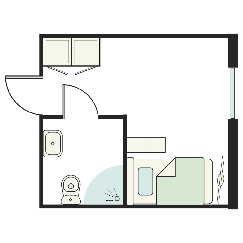 Boenderum Andreas Ands Minne Skiss av ett boenderum med säng, graderober, tv och badrum med dusch.