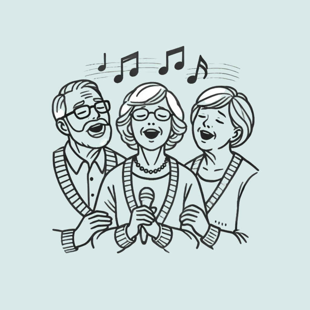 Tre personer sjunger tillsammans.